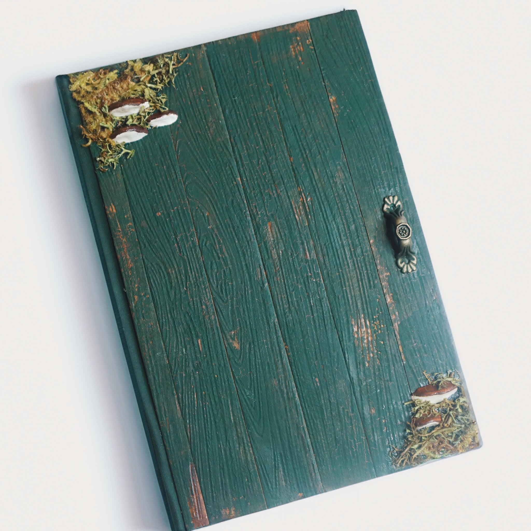 A journal designed to look like a door. There are 3 clay mushrooms in the top left corner, and two on the bottom right. The mushrooms are surrounded by moss, the book is green with cracked paint and brown shows through the cracks. It has a wood grain plank door texture, and has a small door handle on the right side.