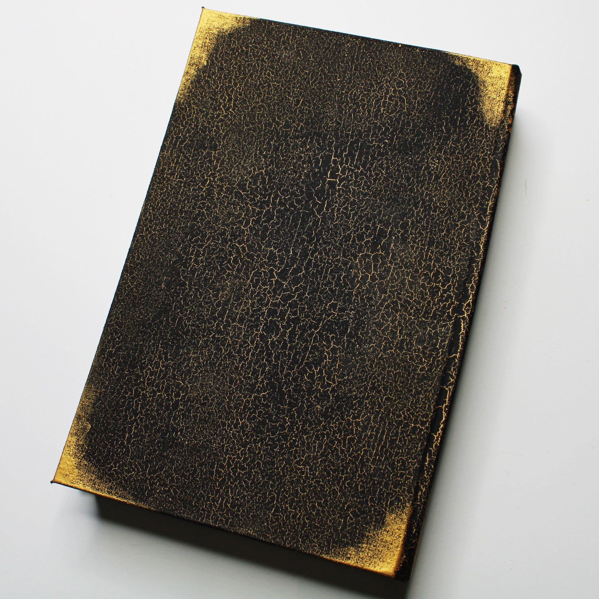 The back of a black journal with a gold, crackled pattern on the cover and gold corners.