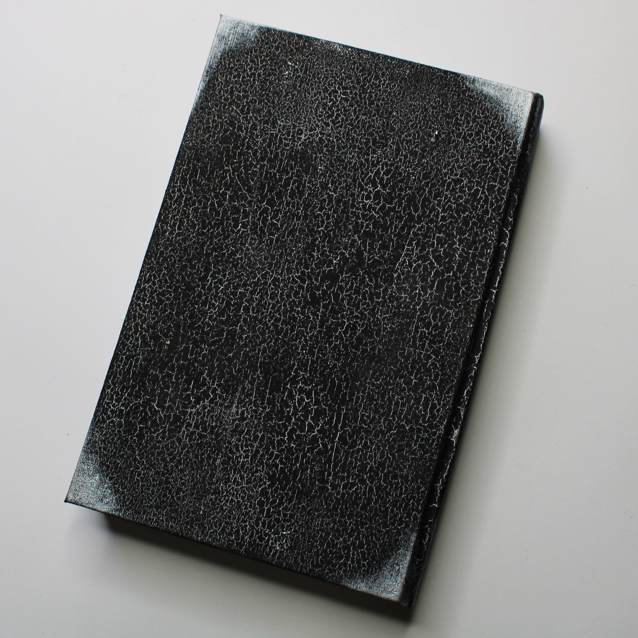 The back of a black journal with a silver, crackled pattern on the cover with silver corners.